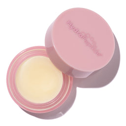 Pink container with a lid, containing a yellowish cream, on a white background.