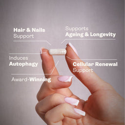A hand with pale pink manicured nails holds a small off-white capsule between two fingers against a soft gray gradient background. White text labels point to the capsule, listing key benefits: Hair & Nails Support, Supports Aging & Longevity, Induces Autophagy, Cellular Renewal Support, and Award-Winning.