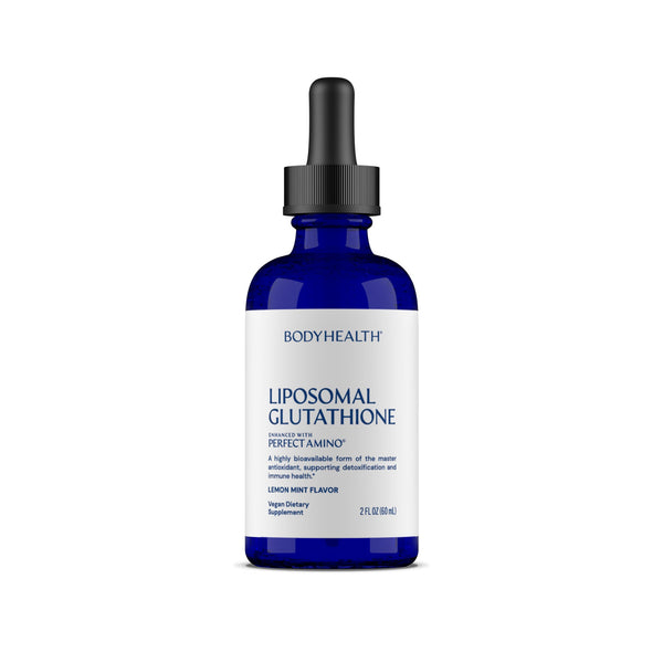 Blue bottle of BodyHealth Liposomal Glutathione on a white background