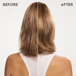 Before and after comparison of a woman's hair with a white background