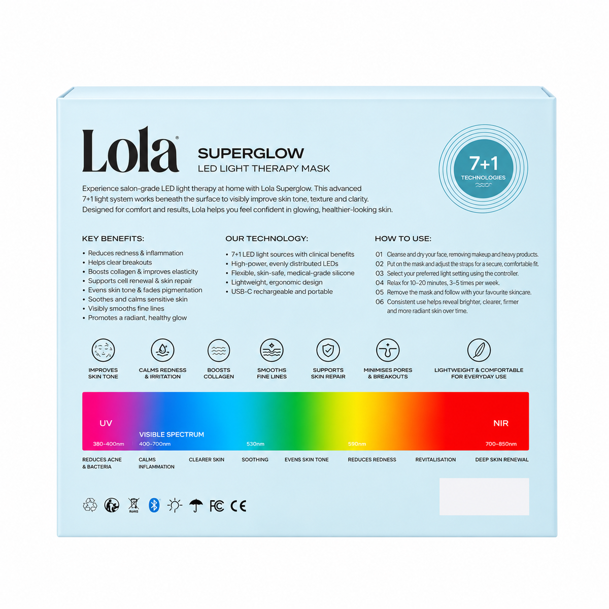 Lola Superglow LED Light Therapy Mask box packaging, featuring a light blue and white design with a multicolor spectrum band on the lower front, set against a plain white background.