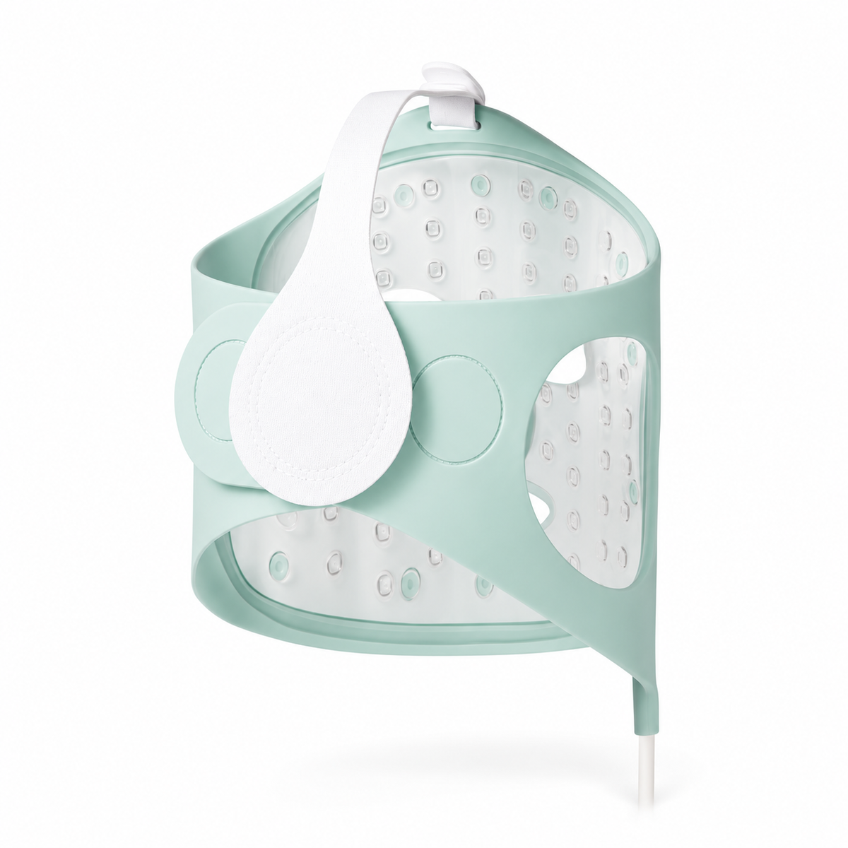 A mint green and white LED light therapy headband with a white strap and circular vented panels, shown on a clean white background.