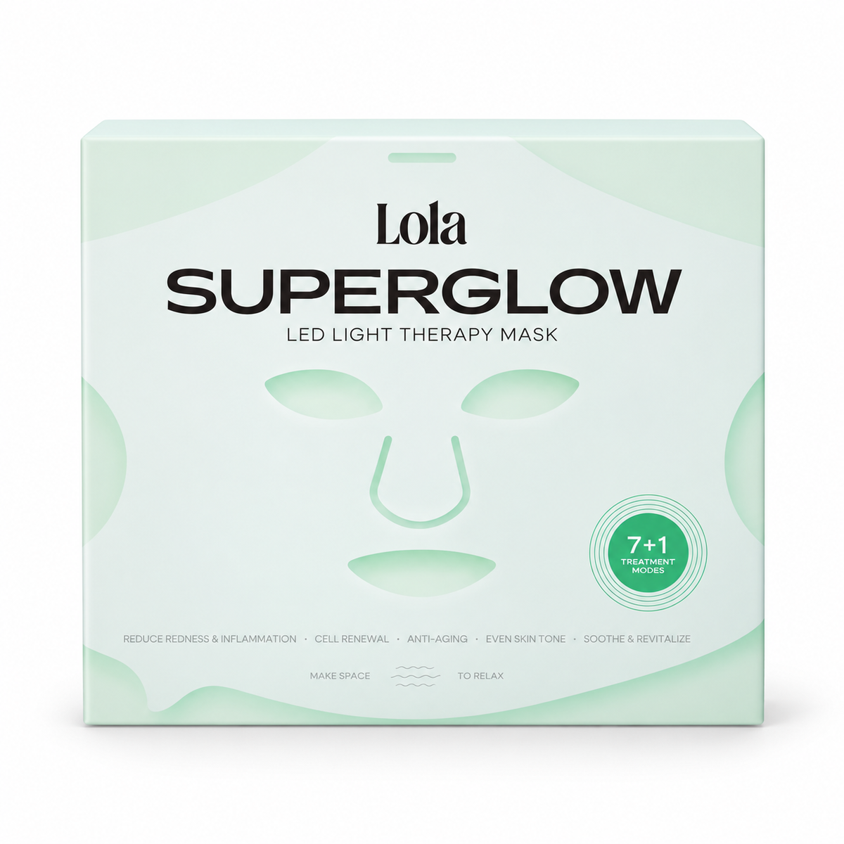 Lola SuperGlow LED Light Therapy Mask box in a pale mint green color, featuring a minimalist face mask graphic and a green '7+1 Treatment Plus' badge.