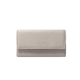 Light gray wallet with brand name on a white background