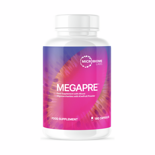 Supplement bottle labeled 'MEGAPRE' by Microbiome Labs on a white background