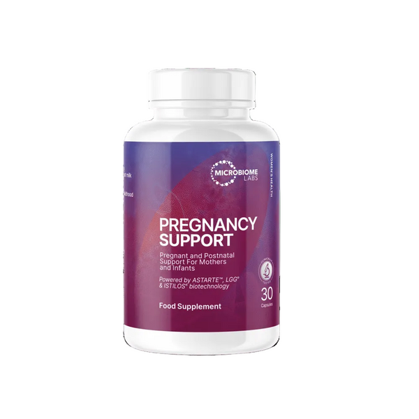 Bottle of pregnancy support supplement with purple label on a green background