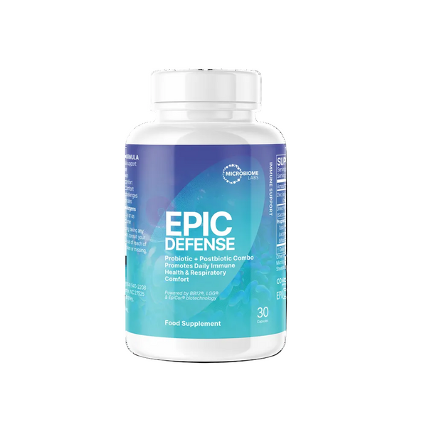 Supplement bottle labeled 'Epic Defense' on a white background