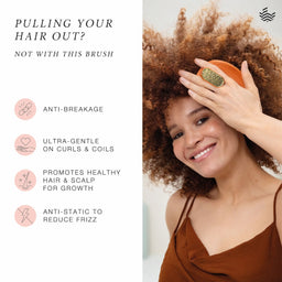 Woman using a hairbrush with product features listed on the left