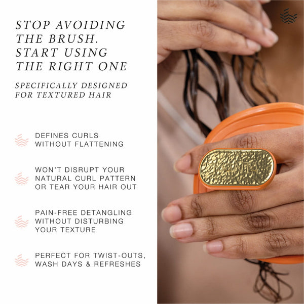 Hairbrush with gold accents held by a person, text about using the right hairbrush for textured hair.