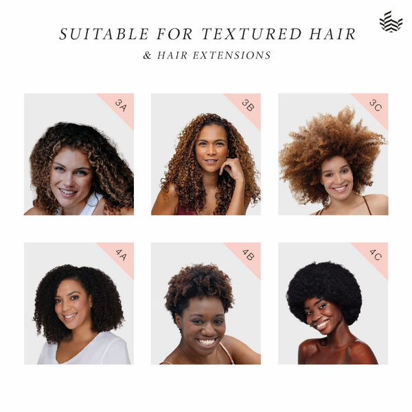 Six women with different hair types and styles, suitable for textured hair and hair extensions.