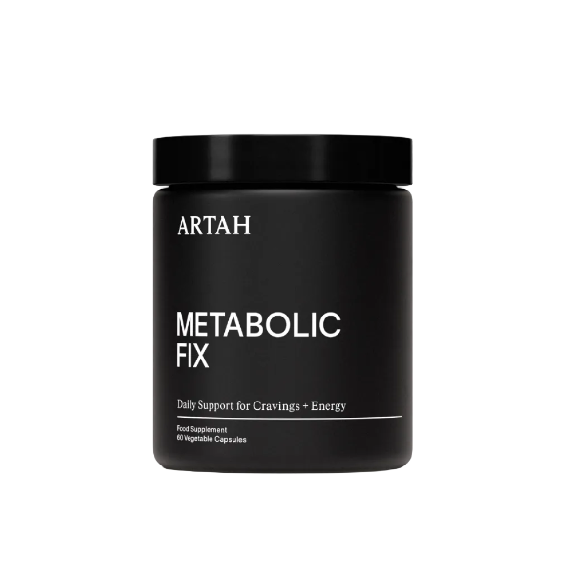 Black container labeled 'ARTAH Metabolic Fix' on a light gray background with awards displayed.