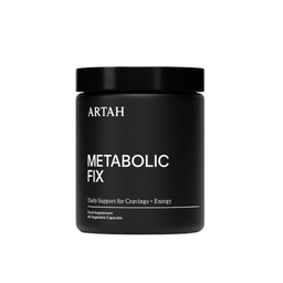 Black container labeled 'ARTAH Metabolic Fix' on a light gray background with awards displayed.