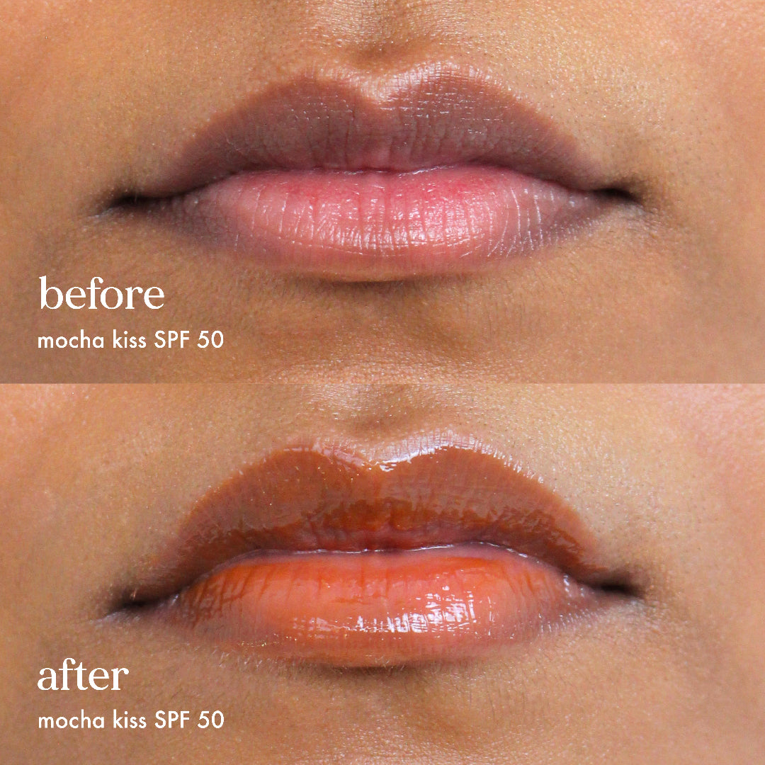 Before and after comparison of lips with 'mocha kiss SPF 50' lip product.