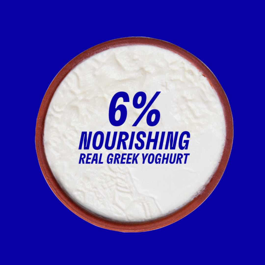 Yogurt container with '6% Nourishing Real Greek Yoghurt' text on a blue background