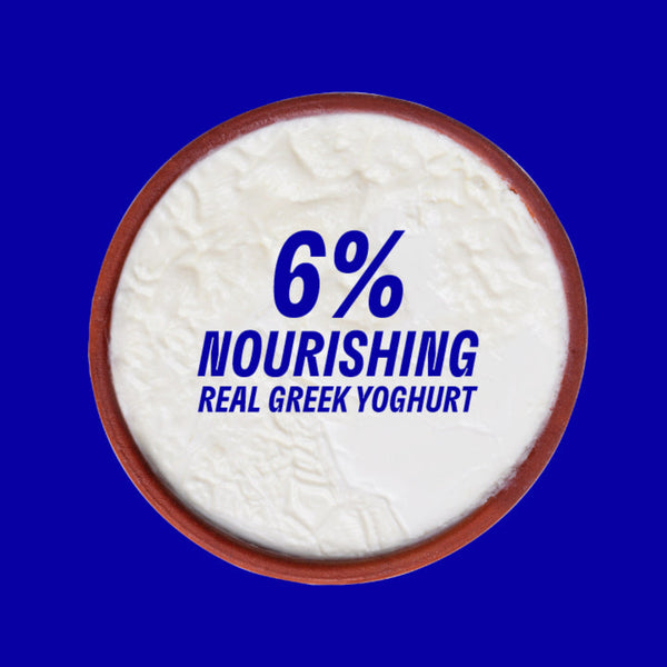 Yogurt container with '6% Nourishing Real Greek Yoghurt' text on a blue background