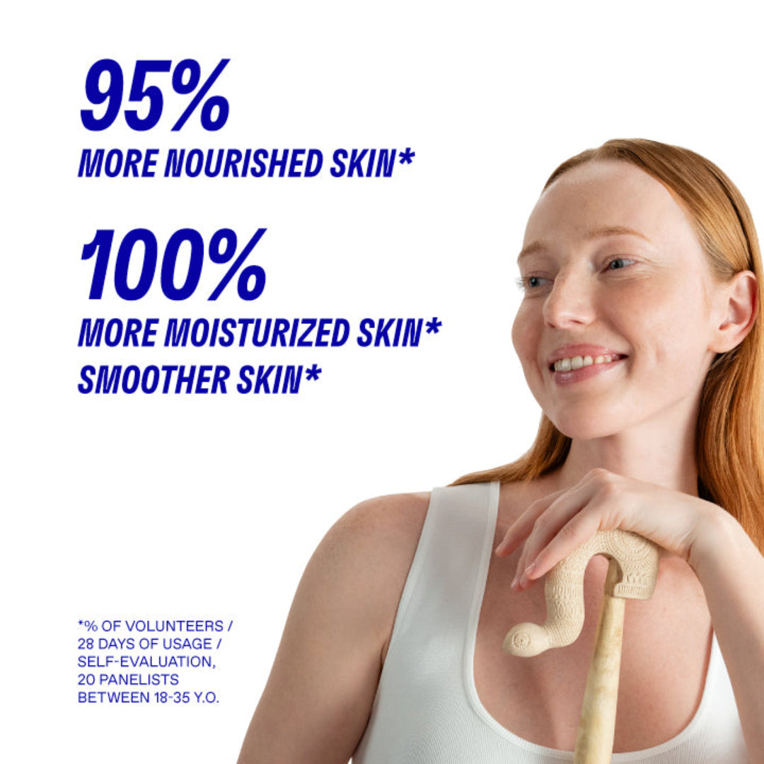 Woman holding a walking stick with text about skin nourishment and moisturization on a white background