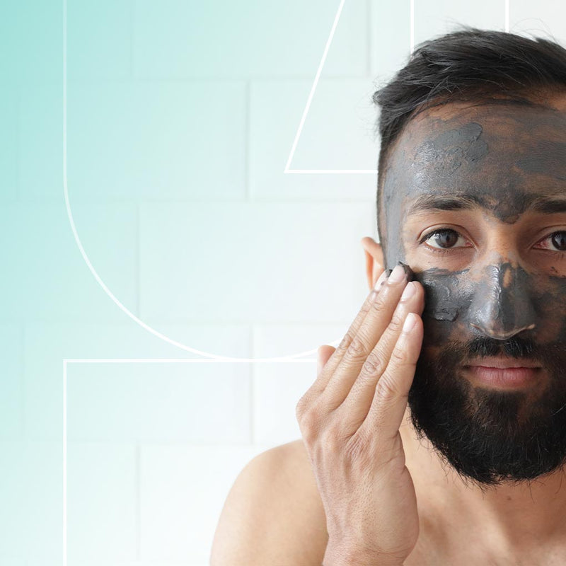 Male model rubbing using a face mask