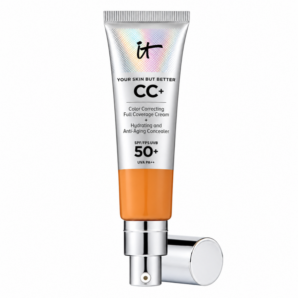 A squeeze tube of IT Cosmetics CC+ Color Correcting Full Coverage Cream SPF 50+ with an iridescent silver cap and an orange lower section, shown with its silver pump cap off on a white background.
