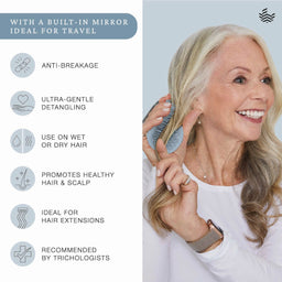 Promotional graphic for a built-in mirror hair care set, featuring a smiling older woman with blonde hair brushing her hair on the right, and a list of benefits on the left including anti-breakage, ultra-gentle detangling, use on wet or dry hair, healthy hair and scalp, ideal for hair extensions, and recommended by trichologists.