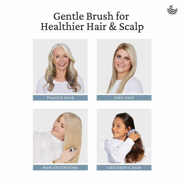 Promotional graphic for a gentle hair brush, showing four portrait panels of women and a child demonstrating use on different hair types: fragile hair, fine hair, hair extensions, and children's hair. Text at the top reads 'Gentle Brush for Healthier Hair & Scalp' with a small wave logo in the top right.
