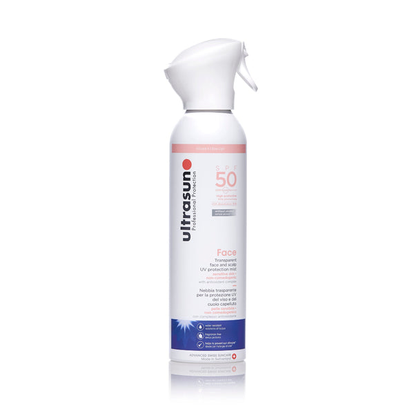 A white spray bottle of ultrason Professional Protection Face SPF 50 sunscreen, featuring a white trigger sprayer and a label with pink and blue accents, set against a plain white background.