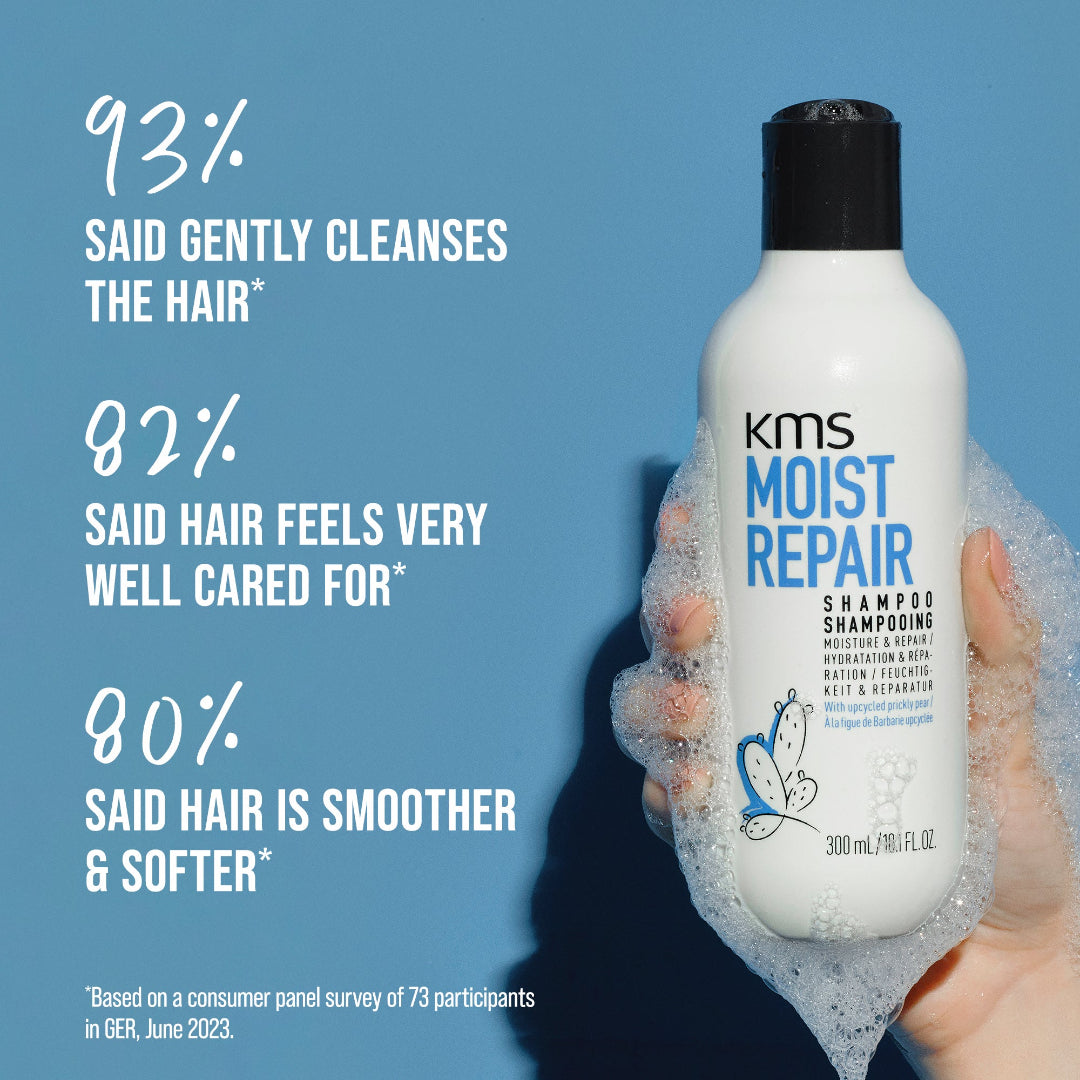 KMS Moist Repair shampoo bottle with user feedback text on a blue background