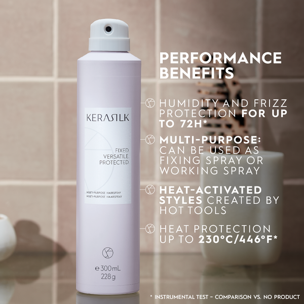 Kerastik hair spray bottle with performance benefits text on a tiled bathroom background