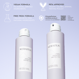 Two Kerastilk hair care products with certification logos on a light purple background