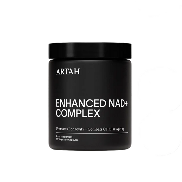 Black supplement container labeled 'ARTAH Enhanced NAD+ Complex' with certification logos on a light gray background