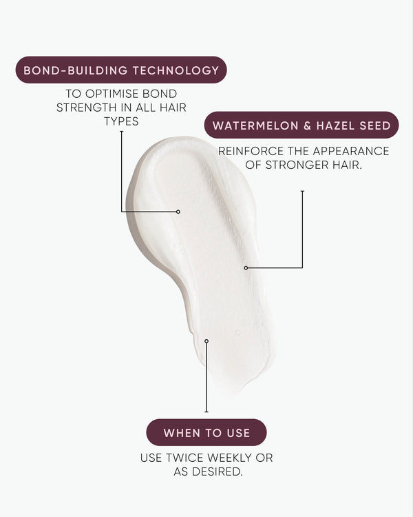 Hair product with text on bond-building technology and usage instructions.