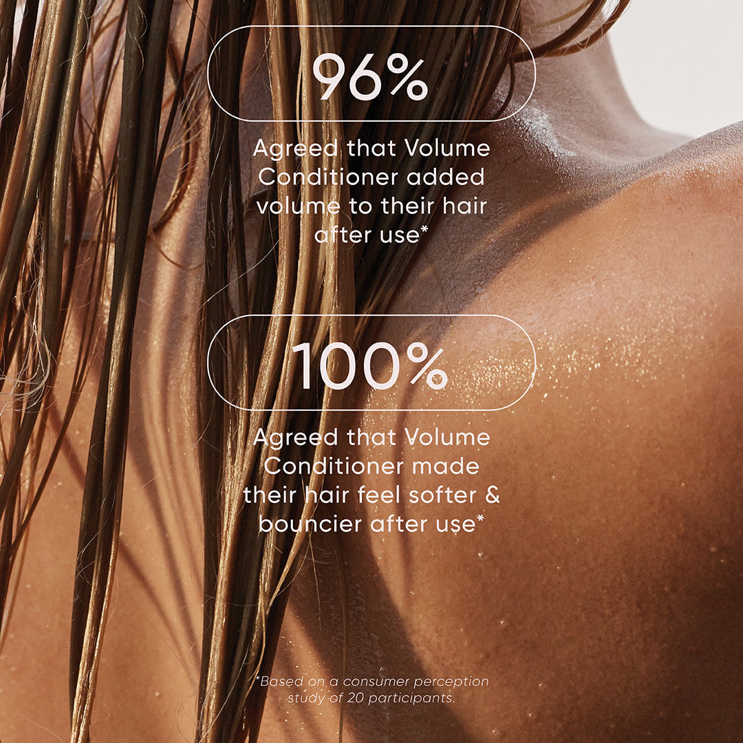 Close-up of a person with voluminous hair, showing product effectiveness with text overlay.