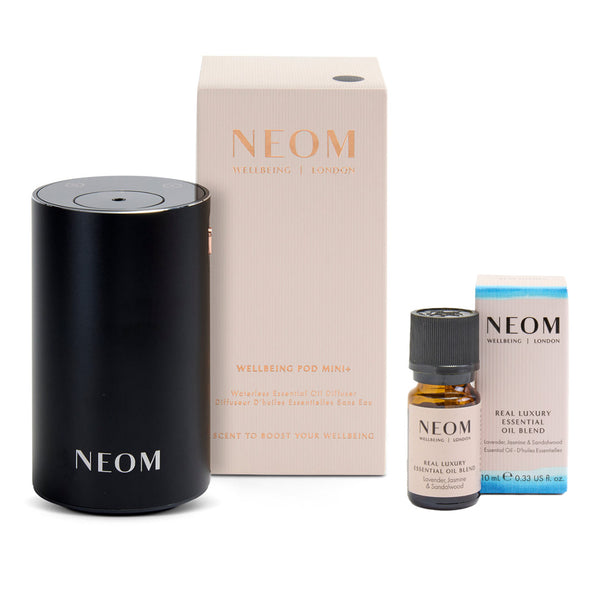 NEOM Wellbeing Pod Mini+ Waterless Essential Oil Diffuser - Black and Real Luxury De-Stress Essential Oil Blend Duo (Worth £92)
