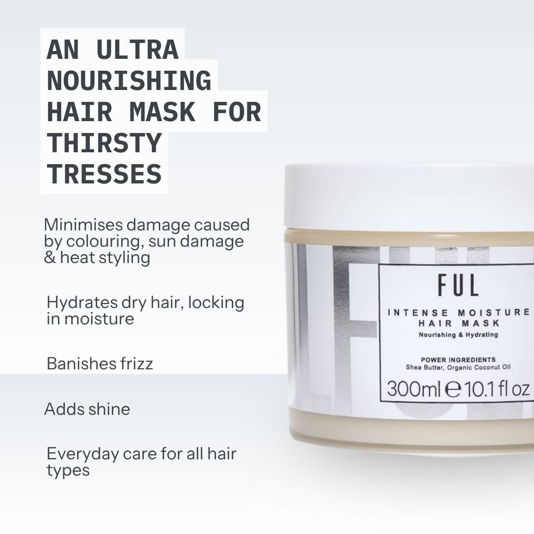 FUL Intense Moisture Hair Mask jar with product description text on a light gray background