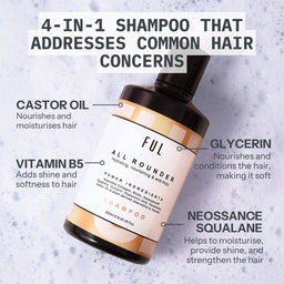 FUL All Rounder shampoo bottle with text highlighting ingredients and benefits on a textured background