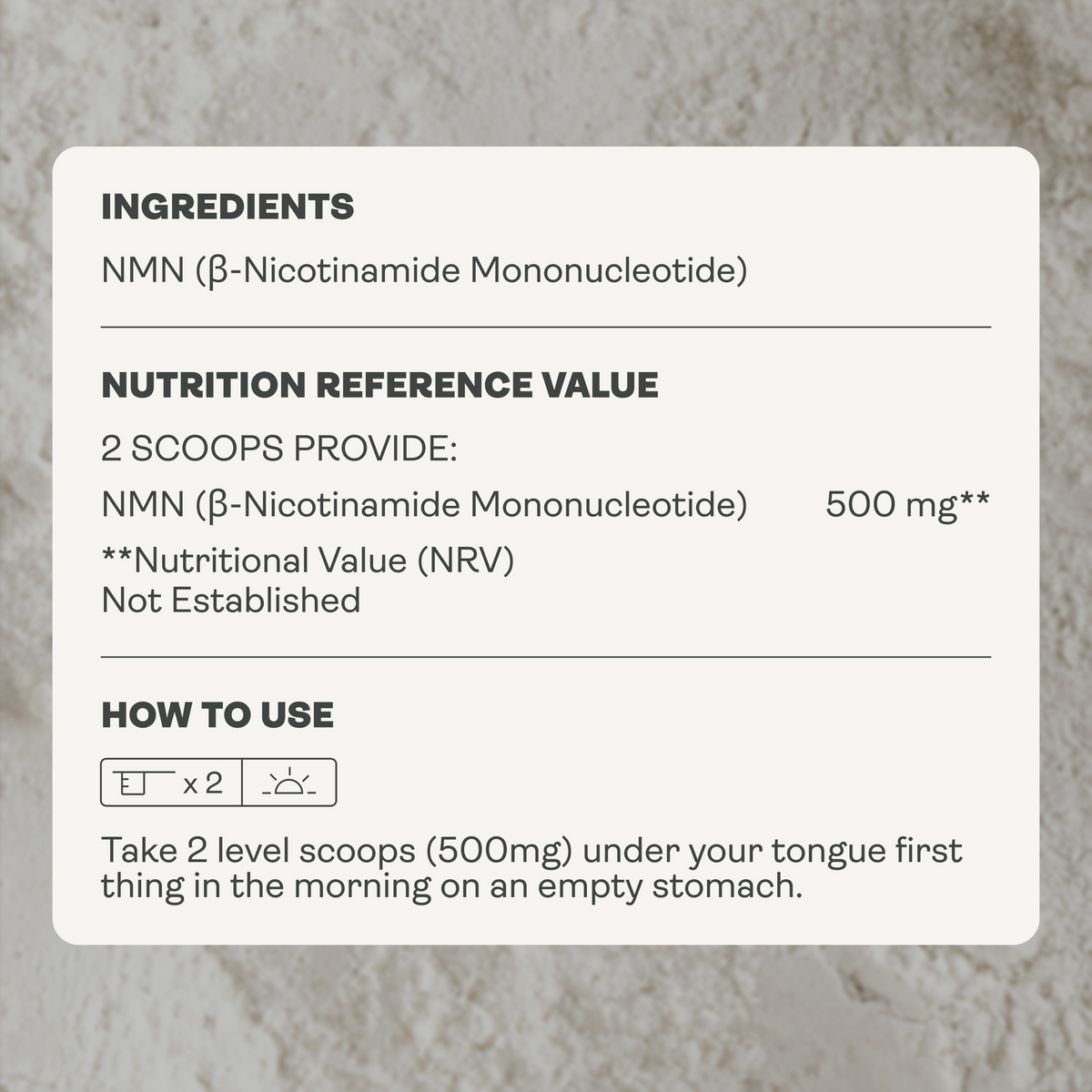 A white rectangular label with black text showing product information for NMN (beta-nicotinamide mononucleotide), including ingredients, nutrition reference value, and how to use, set against a textured light beige background.