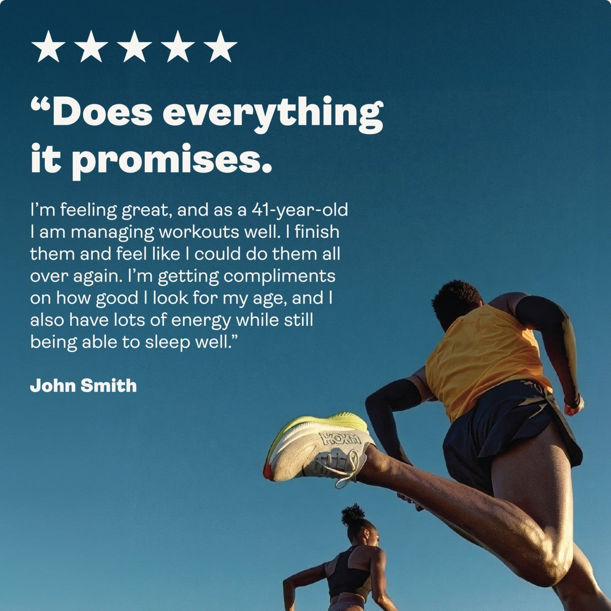 Two runners in a race with a blue sky background and a quote from John Smith about feeling great after workouts.