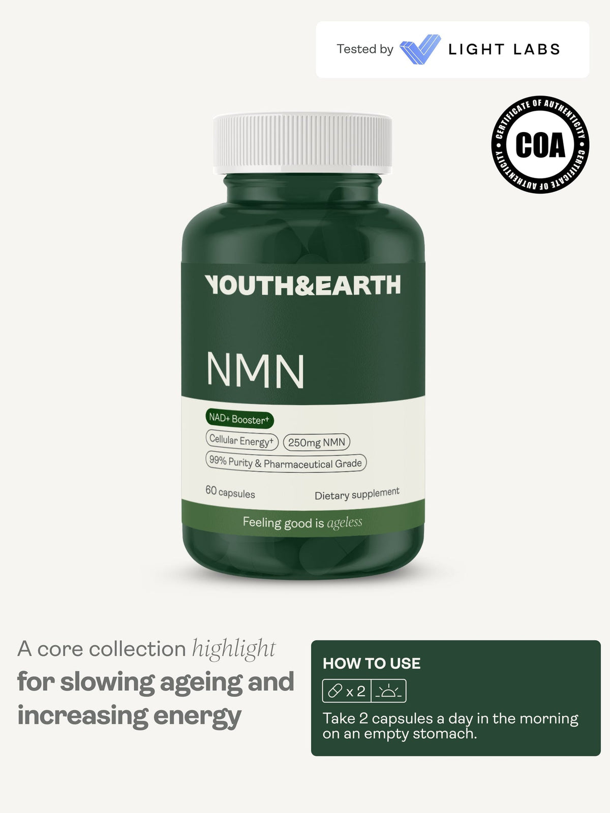 A dark green bottle of Youth&Earth NMN dietary supplement capsules, shown on a light gray background with informational text and certification badges. The bottle features a white cap and a white label with green accents, displaying 'YOUTH&EARTH' and 'NMN'.