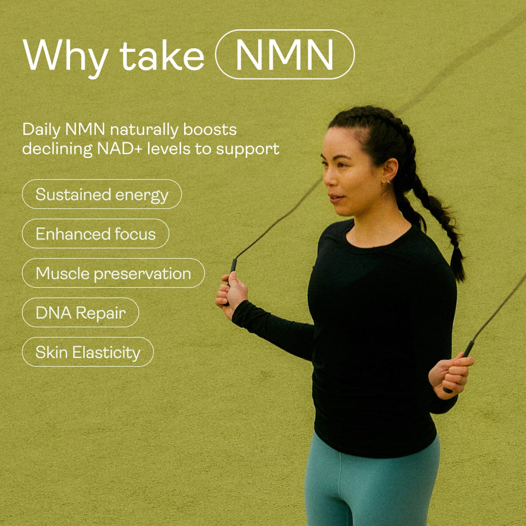 Woman exercising with text about NMN benefits on a green background
