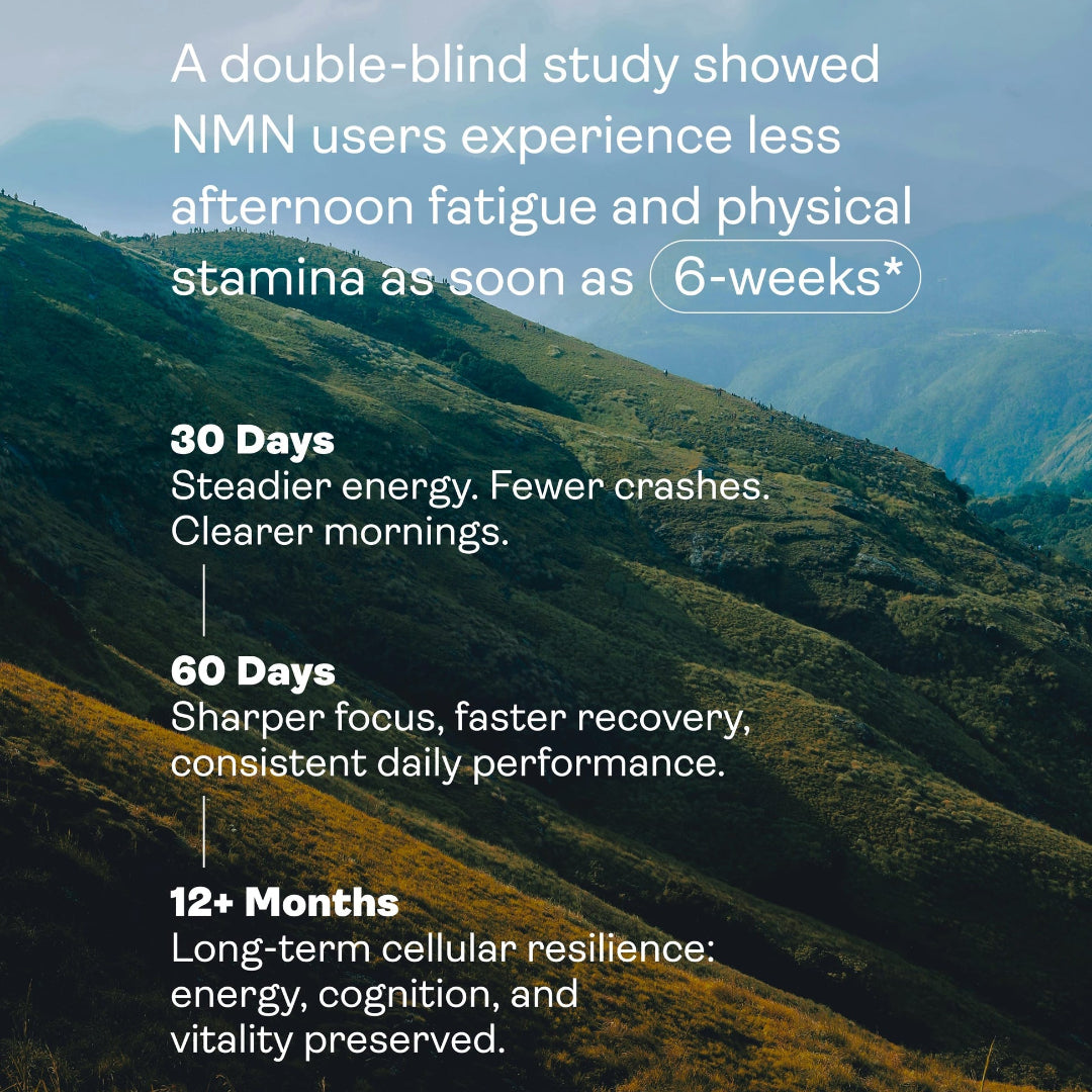Mountain landscape with text about NMN users experiencing reduced fatigue and improved stamina.