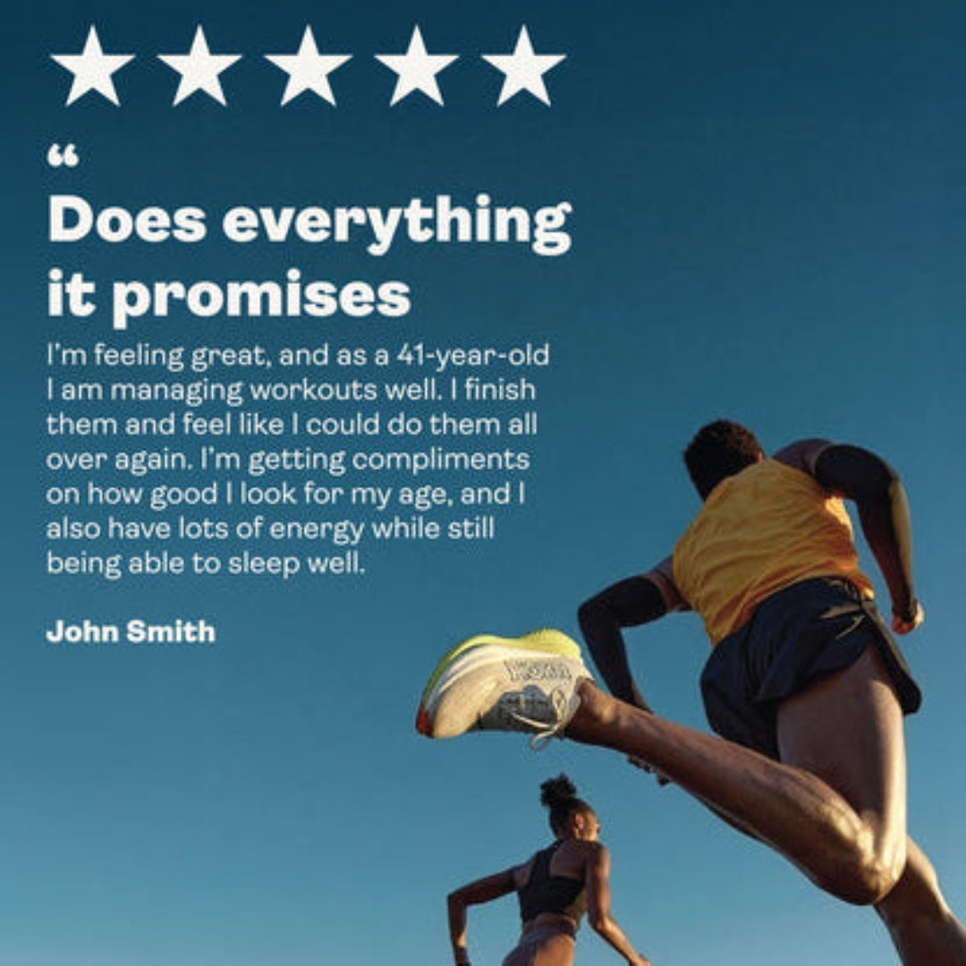 Two runners in athletic gear with a blue sky background and text about a 41-year-old person feeling great.