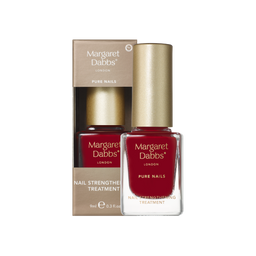 Margaret Dabbs London Pure Nails nail cream and strengthening treatment set, featuring a bottle of deep red nail polish with a gold cap and its matching brown cardboard packaging box on a white background.