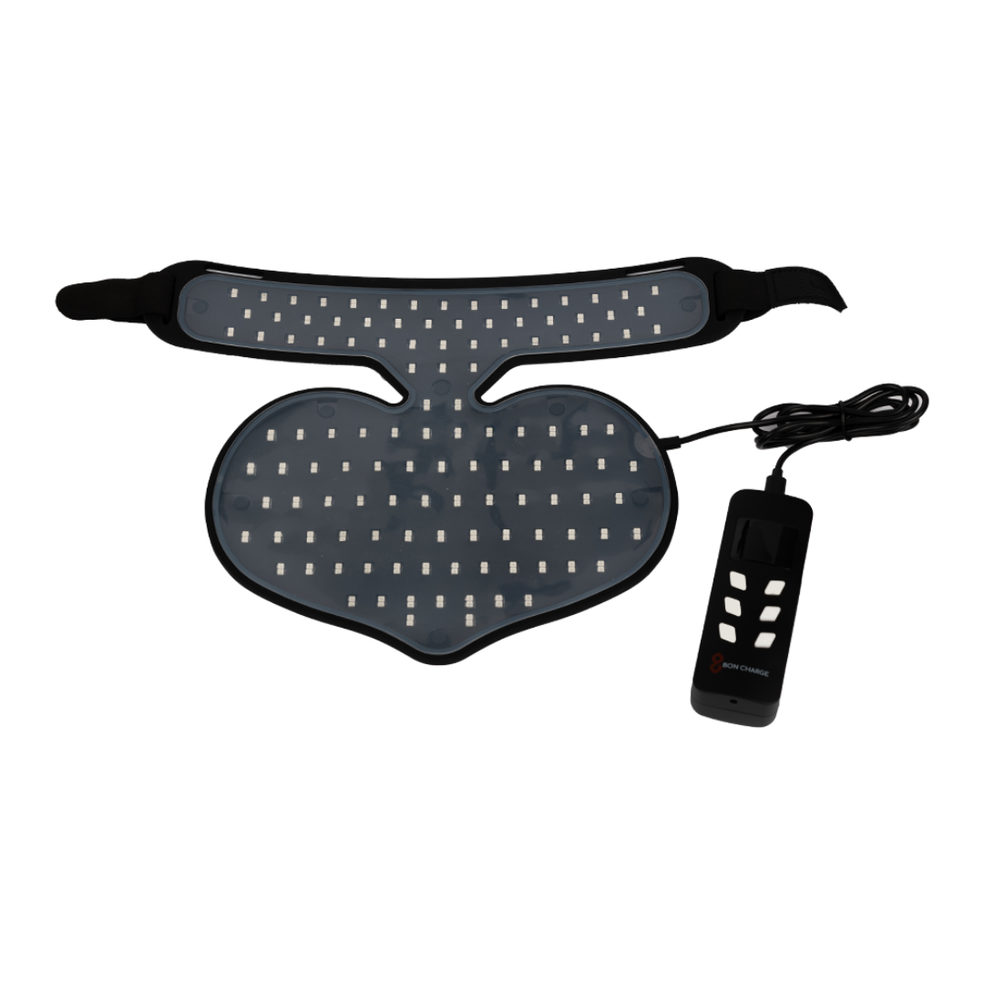 Neck and shoulder massager with remote control on a white background