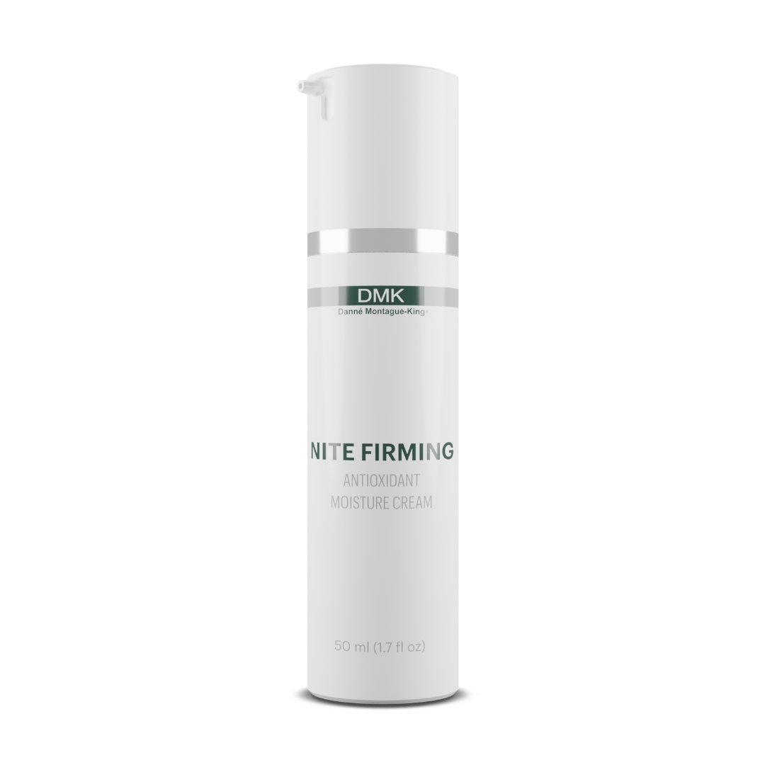 Skincare cream bottle labeled 'DMK Nite Firming' on a white background