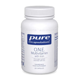 A white plastic bottle of Pure Encapsulations O.N.E. Multivitamin with Iron, 60 capsules, on a clean white background.