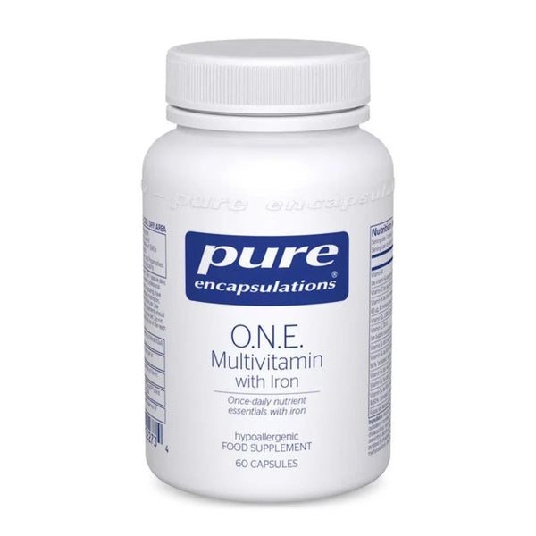 A white plastic bottle of Pure Encapsulations O.N.E. Multivitamin with Iron, 60 capsules, on a clean white background.