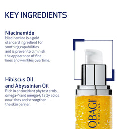 OBAGI skincare product with key ingredients text on a white background