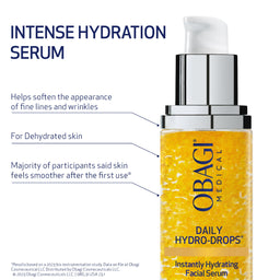 Obagi Daily Hydro-Drops serum bottle with text on hydration benefits on a white background