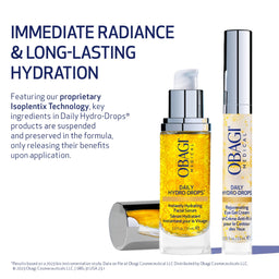 Obagi skincare products with text about immediate radiance and long-lasting hydration.