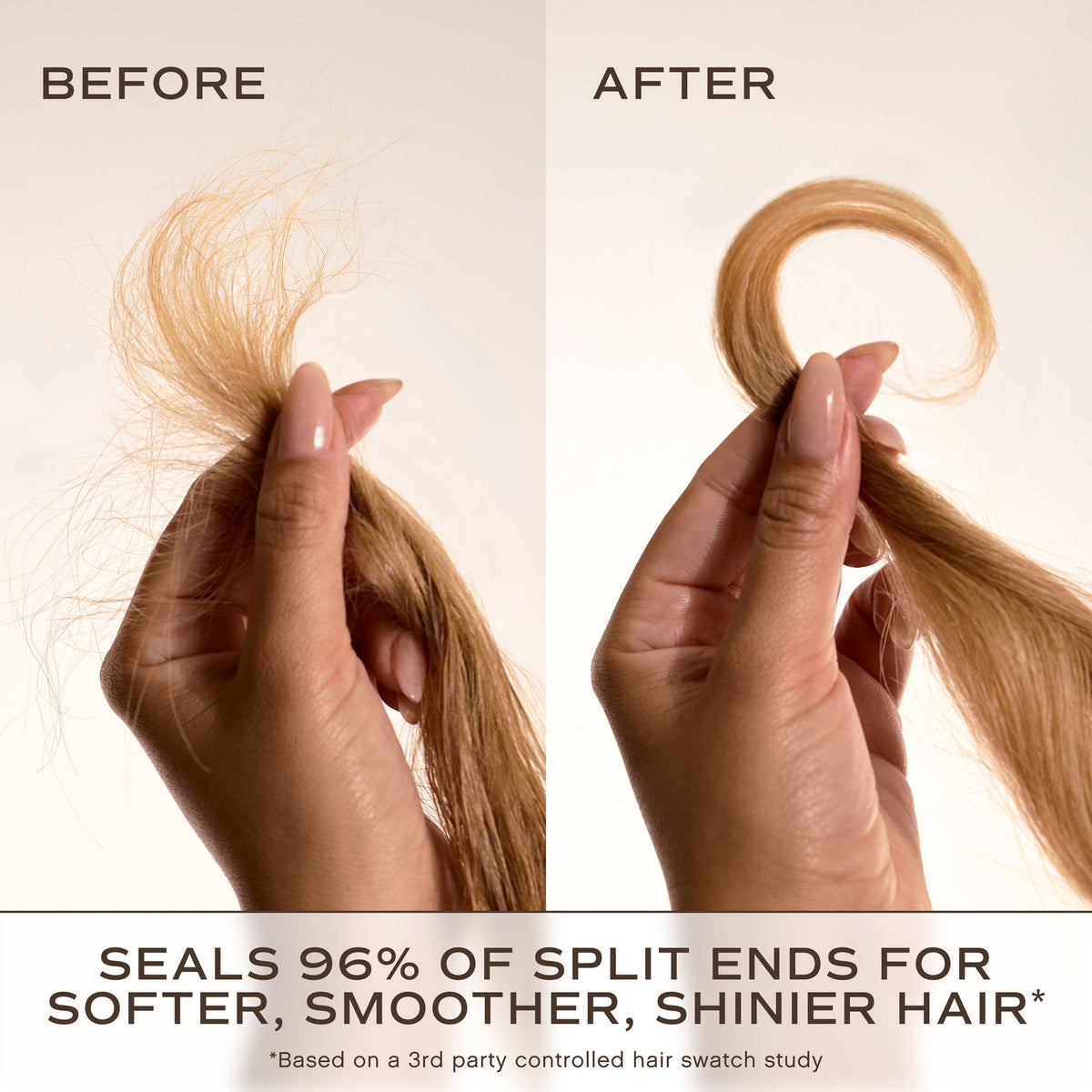 Before-and-after comparison showing a hand holding a section of light brown hair, with frizzy, split ends visible on the left and smoother, healthier hair on the right. Text at the top reads 'BEFORE' and 'AFTER', and text at the bottom says 'SEALS 96% OF SPLIT ENDS FOR SOFTER, SMOOTHER, SHINIER HAIR'.