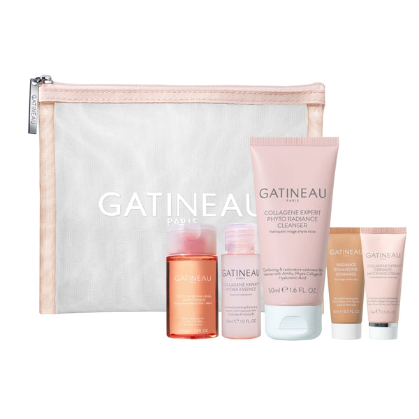 Gatineau skincare product set with a pink pouch on a white background